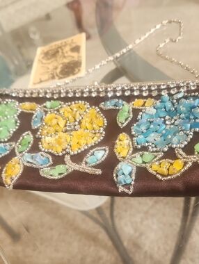 Lapis Dark Brown Beaded Floral Evening Clutch with Yellow, Blue & Green Accents